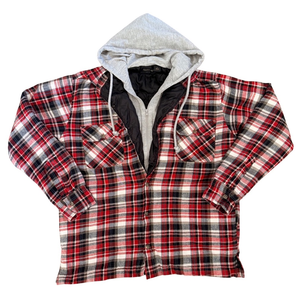 RedHead Mens Plaid Flannel Hooded Jacket Red Black White Quilted Lined Large